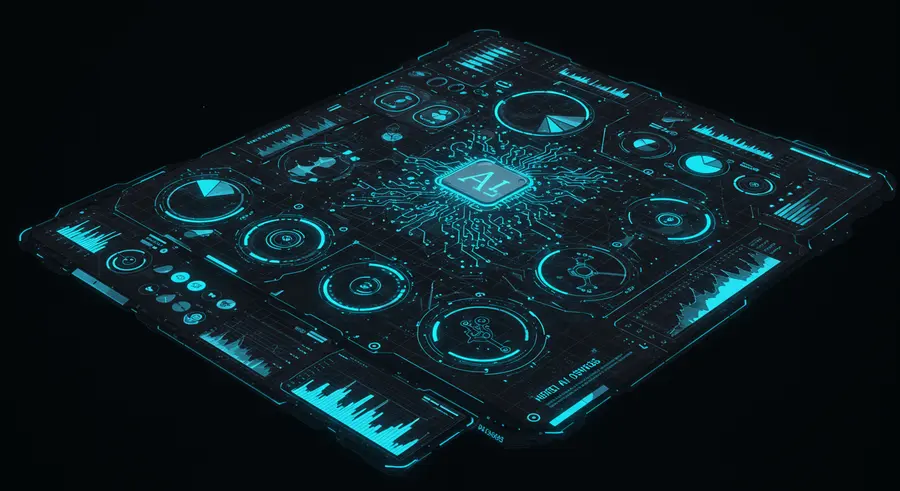 Futuristic financial interface with AI elements, data visualization, and a design system overlay